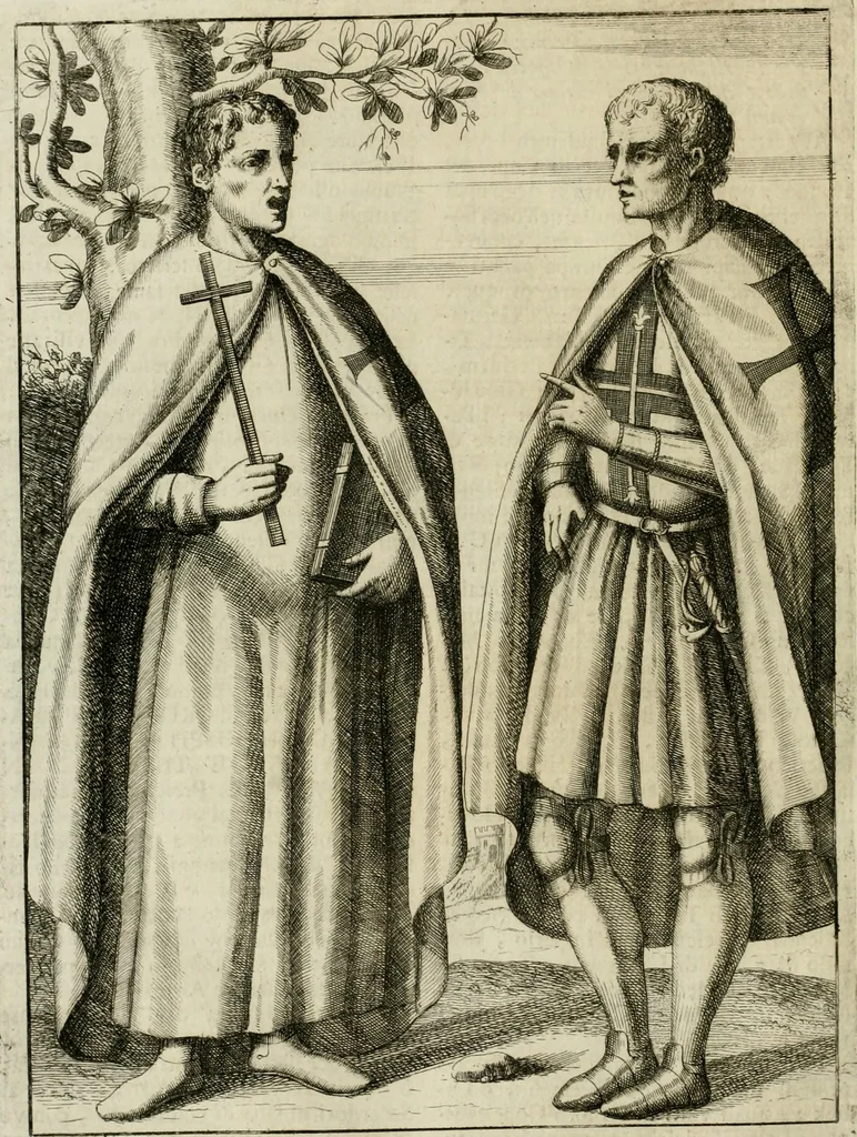 An illustration from Historie cronologiche dell' origine degl' ordini militari e di tutte le religione caualleresche infino ad hora instituite nel mondo : insegne, croci, stendardi, habiti capitolari ò di ceremonia, statuti, e constituzioni di cadaun'ordine : guerre campali e nauali, azioni, fatti celebri, & imprese de caualieri; confederazioni, trattati, paci, & auuenimenti per difesa del Nome Christiano, e propagazione della fede cattolica : serie di tutti i prencipi gran maestri, ordini di dame, e degl' infedeli &c. con le loro diuise, 1692, leaf 47