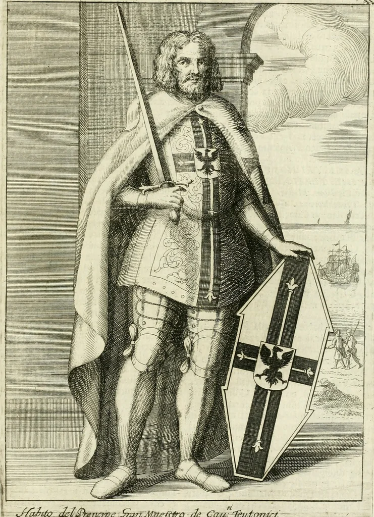 An illustration from Historie cronologiche dell' origine degl' ordini militari e di tutte le religione caualleresche infino ad hora instituite nel mondo : insegne, croci, stendardi, habiti capitolari ò di ceremonia, statuti, e constituzioni di cadaun'ordine : guerre campali e nauali, azioni, fatti celebri, & imprese de caualieri; confederazioni, trattati, paci, & auuenimenti per difesa del Nome Christiano, e propagazione della fede cattolica : serie di tutti i prencipi gran maestri, ordini di dame, e degl' infedeli &c. con le loro diuise, 1692, leaf 50