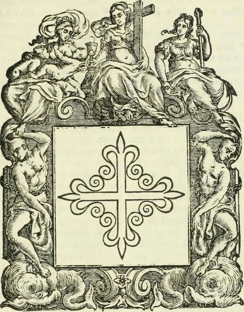 An illustration from Historie cronologiche dell' origine degl' ordini militari e di tutte le religione caualleresche infino ad hora instituite nel mondo : insegne, croci, stendardi, habiti capitolari ò di ceremonia, statuti, e constituzioni di cadaun'ordine : guerre campali e nauali, azioni, fatti celebri, & imprese de caualieri; confederazioni, trattati, paci, & auuenimenti per difesa del Nome Christiano, e propagazione della fede cattolica : serie di tutti i prencipi gran maestri, ordini di dame, e degl' infedeli &c. con le loro diuise, 1692, leaf 6