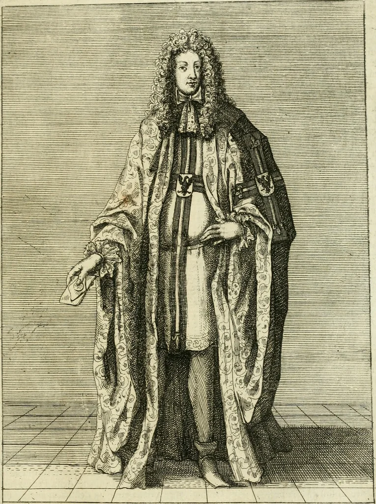 An illustration from Historie cronologiche dell' origine degl' ordini militari e di tutte le religione caualleresche infino ad hora instituite nel mondo : insegne, croci, stendardi, habiti capitolari ò di ceremonia, statuti, e constituzioni di cadaun'ordine : guerre campali e nauali, azioni, fatti celebri, & imprese de caualieri; confederazioni, trattati, paci, & auuenimenti per difesa del Nome Christiano, e propagazione della fede cattolica : serie di tutti i prencipi gran maestri, ordini di dame, e degl' infedeli &c. con le loro diuise, 1692, leaf 86