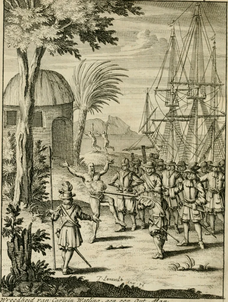 An illustration from Historie der boecaniers, of vrybuyters van America : van haar eerste beginzelen tot deze tegenwoordige tyd toe : met figuuren., 1700, leaf 223