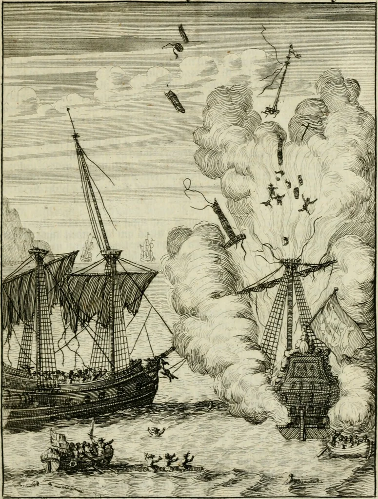 An illustration from Historie der boecaniers, of vrybuyters van America : van haar eerste beginzelen tot deze tegenwoordige tyd toe : met figuuren., 1700, leaf 374