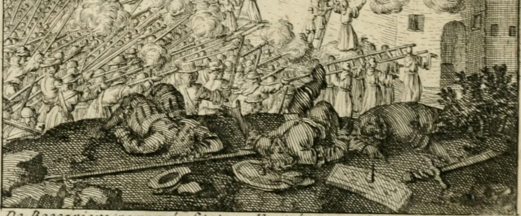 An illustration from Historie der boecaniers, of vrybuyters van America : van haar eerste beginzelen tot deze tegenwoordige tyd toe : met figuuren., 1700, leaf 97