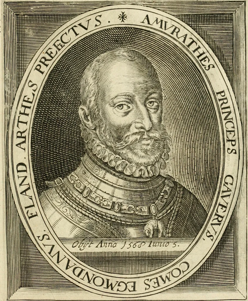 An illustration from Historie der Nieder-landscher ende haerder Naburen oorlogen : ende geschiedenissen tot den iare MVICXII, nu de laestemael bij hem voor syme todtmerckelijck verbetert en in, XXXII boecken voltzocken is mede' hier by gevoegt des autheurs leven [by Simeon Ruytinck] verryckt benessens de Land-Caerte met by na hondert correcte Conterfeijtsels vande voor treflijcste Personagien in dese Historie verhaelt. Alle cierlijck na d'leven ghedaen ende in Coperen platen gesteken ; gedruckt int Yaer ons Heeren MDCXXXVI, 1636, leaf 142