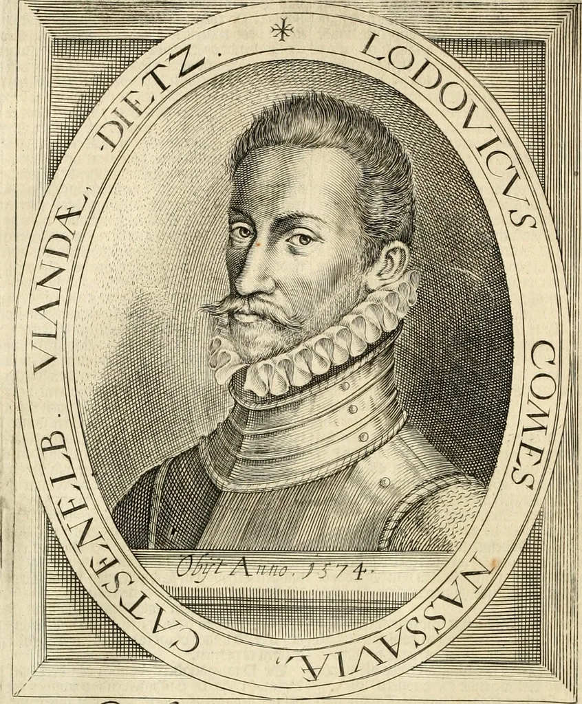 An illustration from Historie der Nieder-landscher ende haerder Naburen oorlogen : ende geschiedenissen tot den iare MVICXII, nu de laestemael bij hem voor syme todtmerckelijck verbetert en in, XXXII boecken voltzocken is mede' hier by gevoegt des autheurs leven [by Simeon Ruytinck] verryckt benessens de Land-Caerte met by na hondert correcte Conterfeijtsels vande voor treflijcste Personagien in dese Historie verhaelt. Alle cierlijck na d'leven ghedaen ende in Coperen platen gesteken ; gedruckt int Yaer ons Heeren MDCXXXVI, 1636, leaf 147
