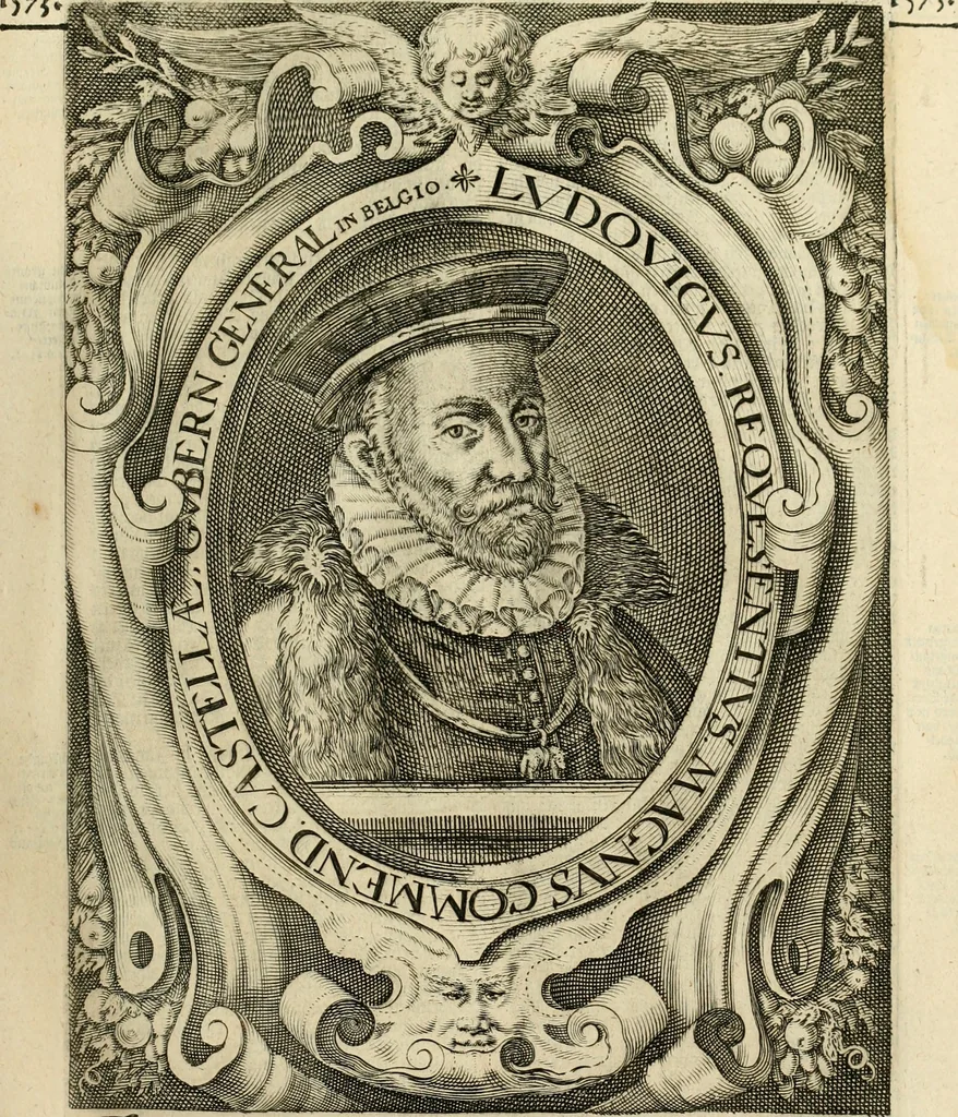 An illustration from Historie der Nieder-landscher ende haerder Naburen oorlogen : ende geschiedenissen tot den iare MVICXII, nu de laestemael bij hem voor syme todtmerckelijck verbetert en in, XXXII boecken voltzocken is mede' hier by gevoegt des autheurs leven [by Simeon Ruytinck] verryckt benessens de Land-Caerte met by na hondert correcte Conterfeijtsels vande voor treflijcste Personagien in dese Historie verhaelt. Alle cierlijck na d'leven ghedaen ende in Coperen platen gesteken ; gedruckt int Yaer ons Heeren MDCXXXVI, 1636, leaf 218