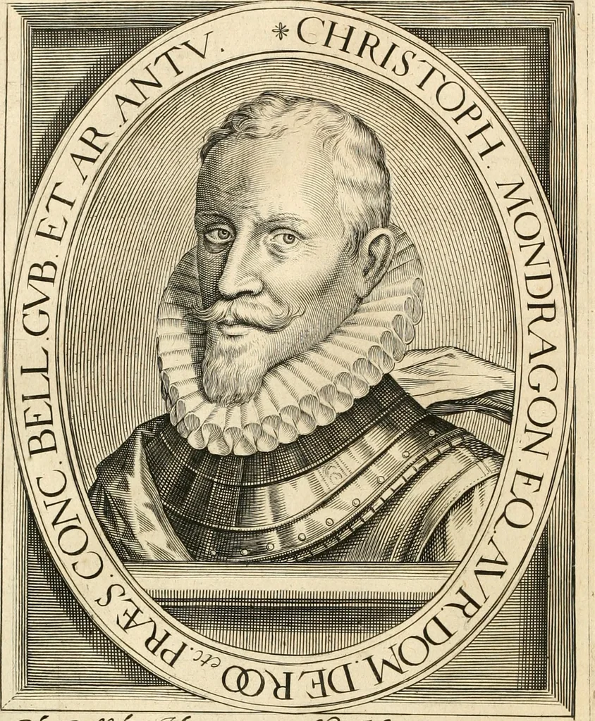 An illustration from Historie der Nieder-landscher ende haerder Naburen oorlogen : ende geschiedenissen tot den iare MVICXII, nu de laestemael bij hem voor syme todtmerckelijck verbetert en in, XXXII boecken voltzocken is mede' hier by gevoegt des autheurs leven [by Simeon Ruytinck] verryckt benessens de Land-Caerte met by na hondert correcte Conterfeijtsels vande voor treflijcste Personagien in dese Historie verhaelt. Alle cierlijck na d'leven ghedaen ende in Coperen platen gesteken ; gedruckt int Yaer ons Heeren MDCXXXVI, 1636, leaf 223