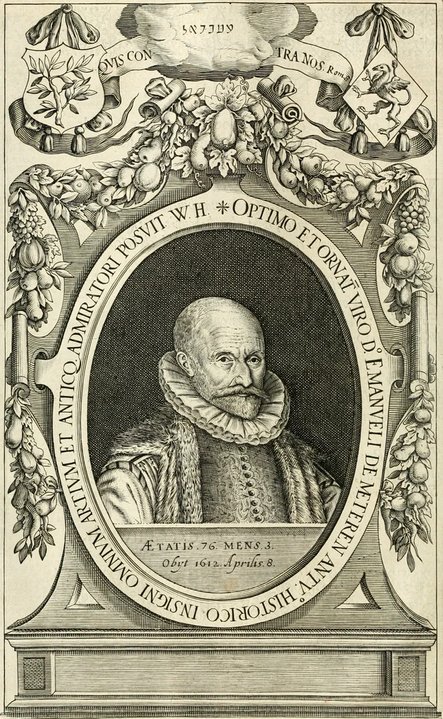An illustration from Historie der Nieder-landscher ende haerder Naburen oorlogen : ende geschiedenissen tot den iare MVICXII, nu de laestemael bij hem voor syme todtmerckelijck verbetert en in, XXXII boecken voltzocken is mede' hier by gevoegt des autheurs leven [by Simeon Ruytinck] verryckt benessens de Land-Caerte met by na hondert correcte Conterfeijtsels vande voor treflijcste Personagien in dese Historie verhaelt. Alle cierlijck na d'leven ghedaen ende in Coperen platen gesteken ; gedruckt int Yaer ons Heeren MDCXXXVI, 1636, leaf 27