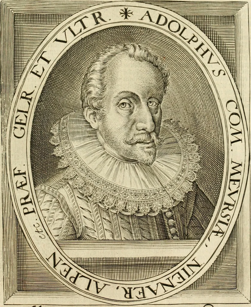 An illustration from Historie der Nieder-landscher ende haerder Naburen oorlogen : ende geschiedenissen tot den iare MVICXII, nu de laestemael bij hem voor syme todtmerckelijck verbetert en in, XXXII boecken voltzocken is mede' hier by gevoegt des autheurs leven [by Simeon Ruytinck] verryckt benessens de Land-Caerte met by na hondert correcte Conterfeijtsels vande voor treflijcste Personagien in dese Historie verhaelt. Alle cierlijck na d'leven ghedaen ende in Coperen platen gesteken ; gedruckt int Yaer ons Heeren MDCXXXVI, 1636, leaf 614