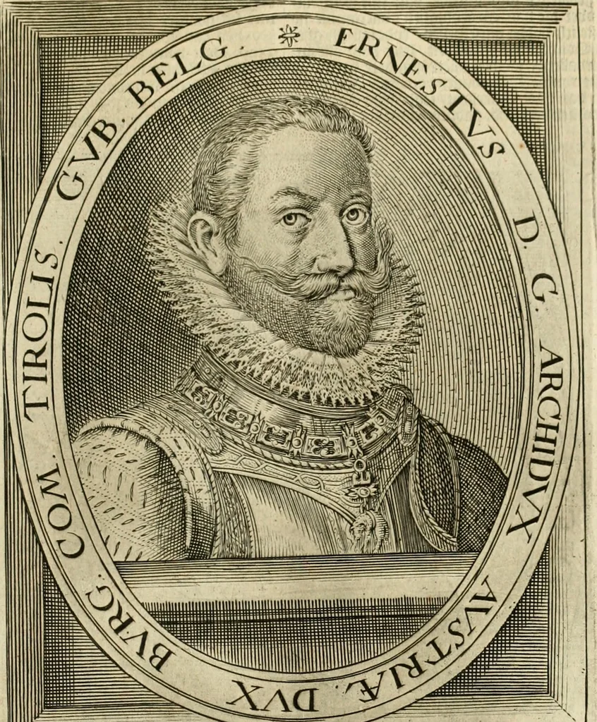 An illustration from Historie der Nieder-landscher ende haerder Naburen oorlogen : ende geschiedenissen tot den iare MVICXII, nu de laestemael bij hem voor syme todtmerckelijck verbetert en in, XXXII boecken voltzocken is mede' hier by gevoegt des autheurs leven [by Simeon Ruytinck] verryckt benessens de Land-Caerte met by na hondert correcte Conterfeijtsels vande voor treflijcste Personagien in dese Historie verhaelt. Alle cierlijck na d'leven ghedaen ende in Coperen platen gesteken ; gedruckt int Yaer ons Heeren MDCXXXVI, 1636, leaf 696