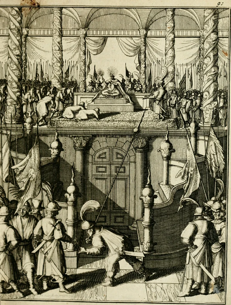 An illustration from Historie der Sevarambes, : volkeren die een gedeelte van het darde vast-land bewoonwn, gemeenlijk Zuid-land genaamd; : behelzende een naauwkeurig verhaal van de regering, zeden, godtsdienst, en taal, dezer tot noch toe aan de volkeren van Europa onbekende natie, 1682, leaf 122