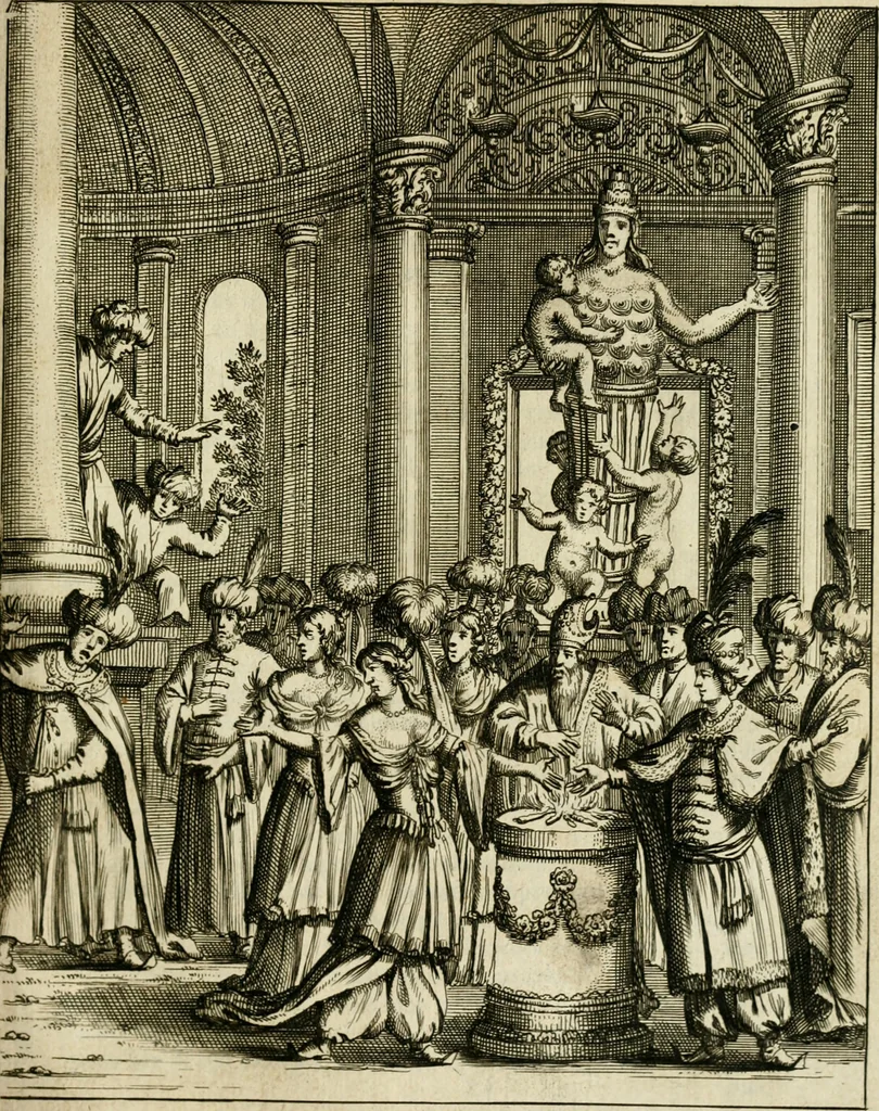 An illustration from Historie der Sevarambes, : volkeren die een gedeelte van het darde vast-land bewoonwn, gemeenlijk Zuid-land genaamd; : behelzende een naauwkeurig verhaal van de regering, zeden, godtsdienst, en taal, dezer tot noch toe aan de volkeren van Europa onbekende natie, 1682, leaf 274