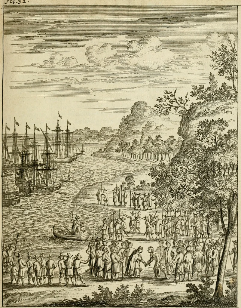 An illustration from Historie der Sevarambes, : volkeren die een gedeelte van het darde vast-land bewoonwn, gemeenlijk Zuid-land genaamd; : behelzende een naauwkeurig verhaal van de regering, zeden, godtsdienst, en taal, dezer tot noch toe aan de volkeren van Europa onbekende natie, 1682, leaf 54