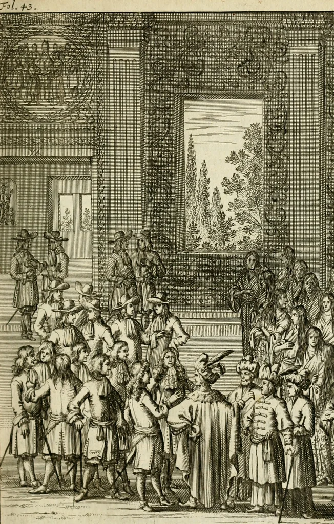 An illustration from Historie der Sevarambes, : volkeren die een gedeelte van het darde vast-land bewoonwn, gemeenlijk Zuid-land genaamd; : behelzende een naauwkeurig verhaal van de regering, zeden, godtsdienst, en taal, dezer tot noch toe aan de volkeren van Europa onbekende natie, 1682, leaf 66