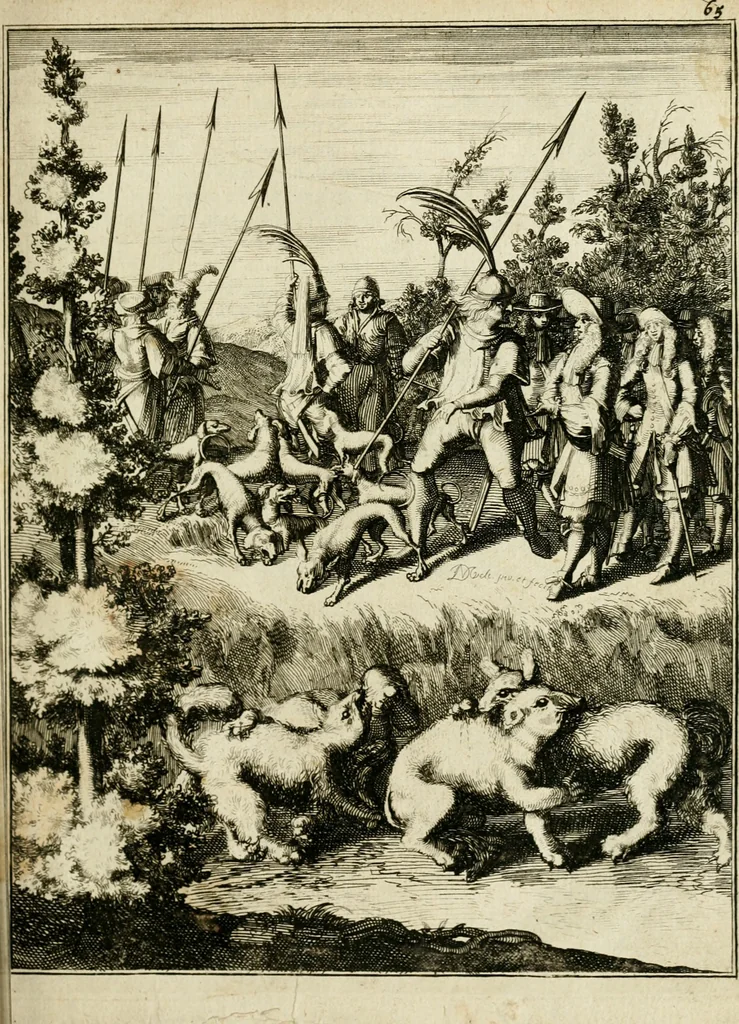 An illustration from Historie der Sevarambes, : volkeren die een gedeelte van het darde vast-land bewoonwn, gemeenlijk Zuid-land genaamd; : behelzende een naauwkeurig verhaal van de regering, zeden, godtsdienst, en taal, dezer tot noch toe aan de volkeren van Europa onbekende natie, 1682, leaf 92