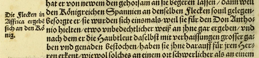 An illustration from Historien der Königkreich, Hispannien, Portugal, vnd Aphrica, darauss dann zusehen, in welcher Zeit, sonderlich Portugal, seinen Anfang genommen, von weine dasselbig zum Königreich erhaben, was dieselbigen Könige für Krieg vnnd Gewerb, zu Wasser vnnd Land geführet. ..., 1589, leaf 354