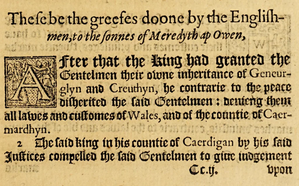 An illustration from The historie of Cambria, now called Wales: : a part of the most famous yland of Brytaine, written in the Brytish language aboue two hundreth yeares past:, 1584, leaf 403