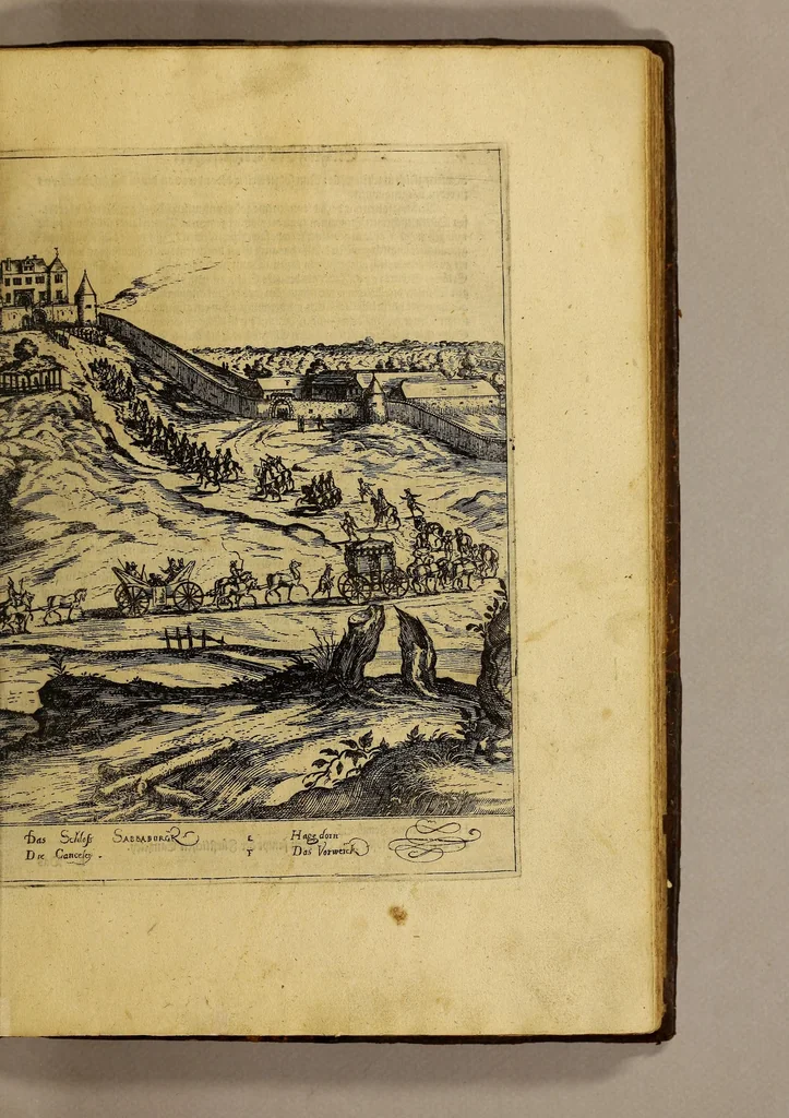 An illustration from Historische Beschreibung der fürstlichen Kindtauff Fräwlein Elisabethen zu Hessen &c. : Welche im Augusto dess 1596 Jahrs zu Cassel gehalten worden mit beygelegten Abrissen der Ritterspiele so damals vollnbracht,, 1598, leaf 29