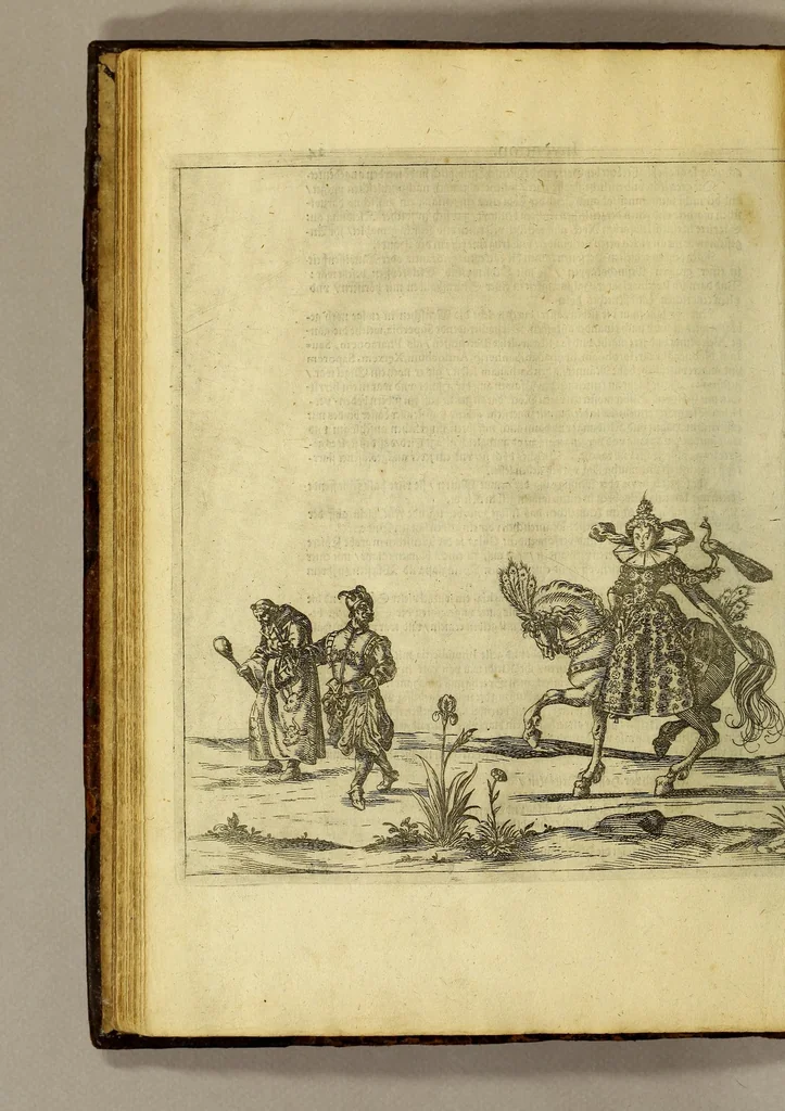 An illustration from Historische Beschreibung der fürstlichen Kindtauff Fräwlein Elisabethen zu Hessen &c. : Welche im Augusto dess 1596 Jahrs zu Cassel gehalten worden mit beygelegten Abrissen der Ritterspiele so damals vollnbracht,, 1598, leaf 74