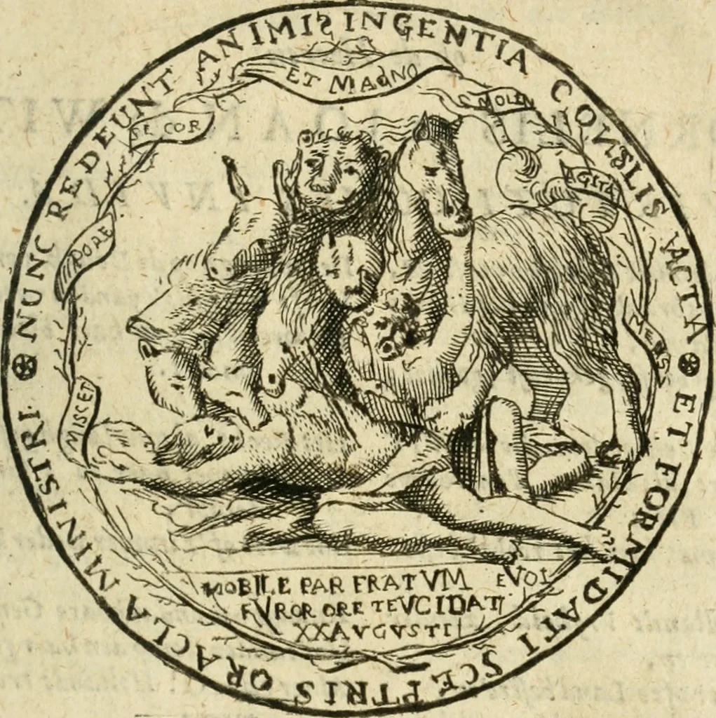An illustration from Historisch verhael en politique bedeckingen aengaende de bestieringe van staet-en oorloghs-saken, voor-gevallen onder de bedieningen van de Heeren Cornelis en Johan de Witt, 1677, leaf 652