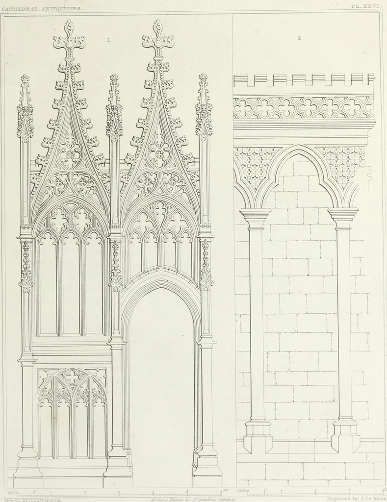 An illustration from The history and antiquities of the metropolitical church of Canterbury; illustrated by a series of engravings of views, elevations, plans, and details of the architecture of that edifice: with biographical anecdotes of the archbishops, etc, 1836, leaf 110