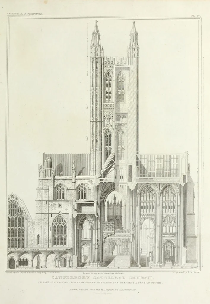 An illustration from The history and antiquities of the metropolitical church of Canterbury; illustrated by a series of engravings of views, elevations, plans, and details of the architecture of that edifice: with biographical anecdotes of the archbishops, etc, 1836, leaf 58