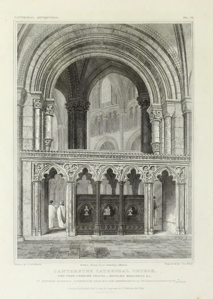 An illustration from The history and antiquities of the metropolitical church of Canterbury; illustrated by a series of engravings of views, elevations, plans, and details of the architecture of that edifice: with biographical anecdotes of the archbishops, etc, 1836, leaf 69