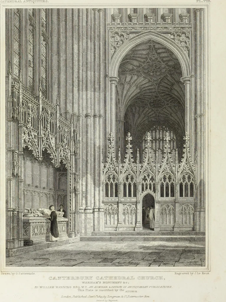 An illustration from The history and antiquities of the metropolitical church of Canterbury; illustrated by a series of engravings of views, elevations, plans, and details of the architecture of that edifice: with biographical anecdotes of the archbishops, etc, 1836, leaf 71