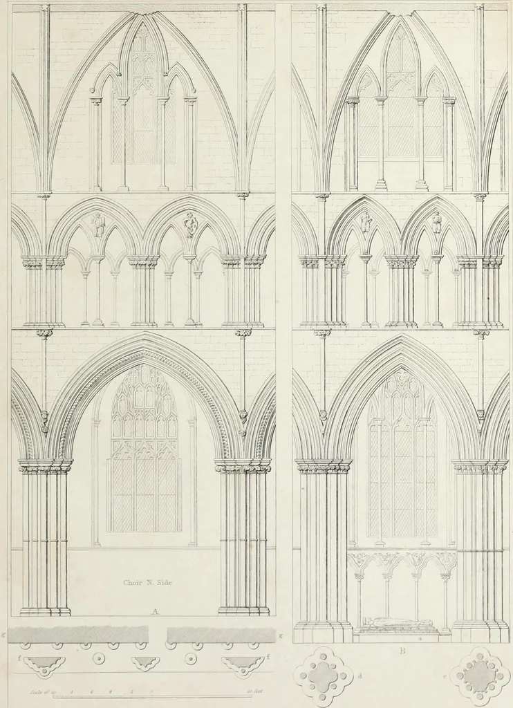 An illustration from The history and antiquities of the cathedral church of Worcester: illustrated by a series of engravings of views, elevations, plans, and details of that edifice: including an architectural description of the church; and biographical anecdotes of the bishops and of other eminent persons connected with the cathedral, 1836, leaf 100