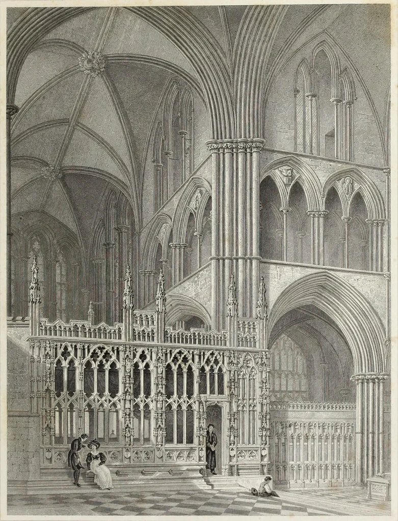 An illustration from The history and antiquities of the cathedral church of Worcester: illustrated by a series of engravings of views, elevations, plans, and details of that edifice: including an architectural description of the church; and biographical anecdotes of the bishops and of other eminent persons connected with the cathedral, 1836, leaf 102