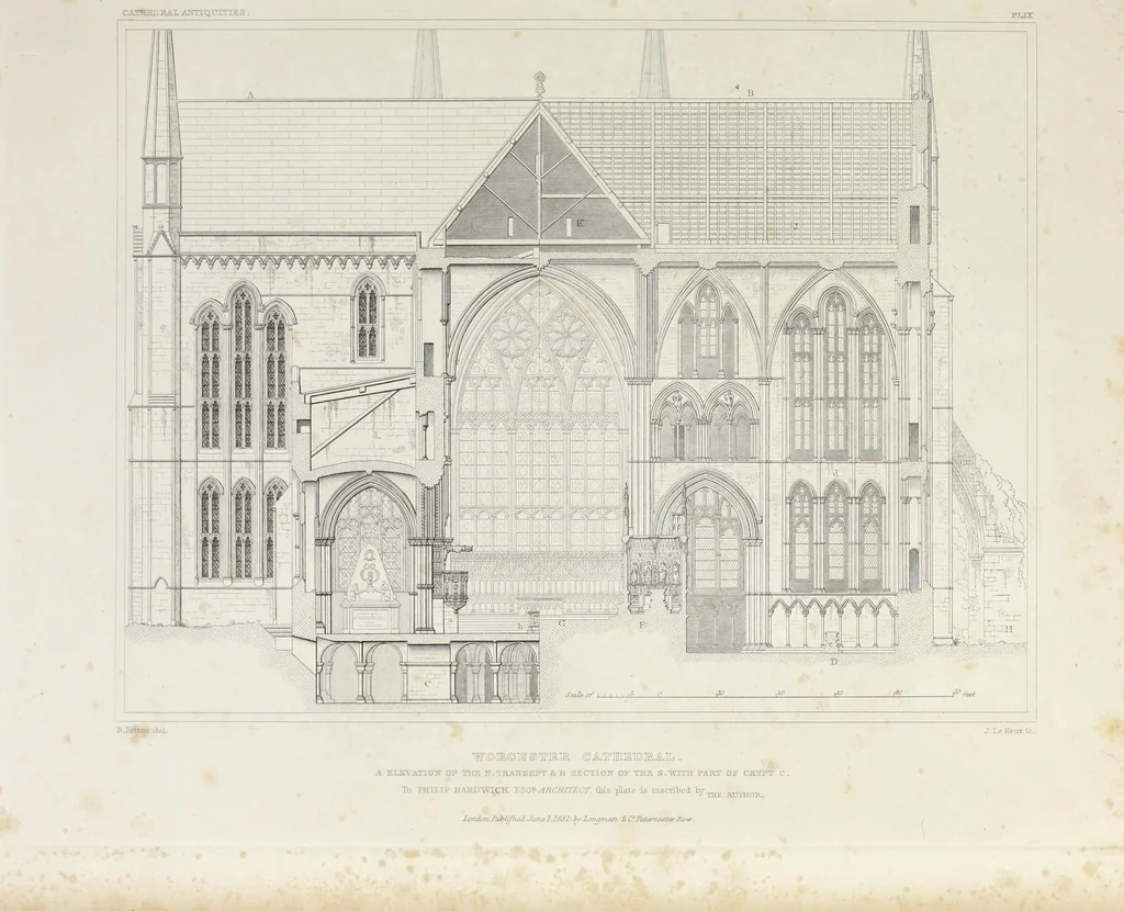 An illustration from The history and antiquities of the cathedral church of Worcester: illustrated by a series of engravings of views, elevations, plans, and details of that edifice: including an architectural description of the church; and biographical anecdotes of the bishops and of other eminent persons connected with the cathedral, 1836, leaf 104