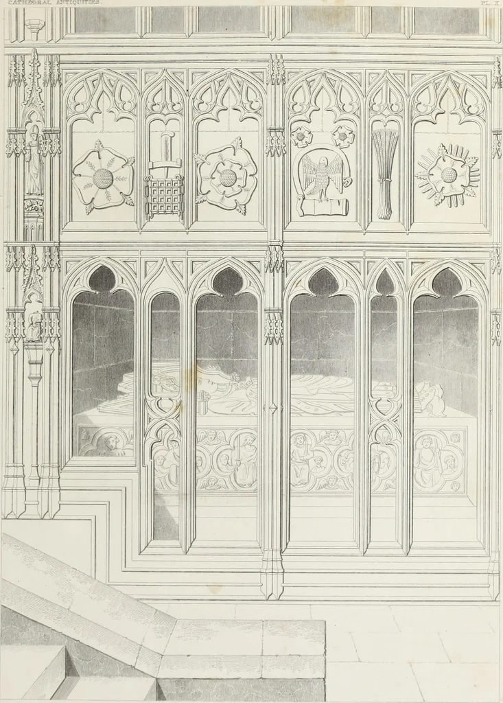 An illustration from The history and antiquities of the cathedral church of Worcester: illustrated by a series of engravings of views, elevations, plans, and details of that edifice: including an architectural description of the church; and biographical anecdotes of the bishops and of other eminent persons connected with the cathedral, 1836, leaf 106