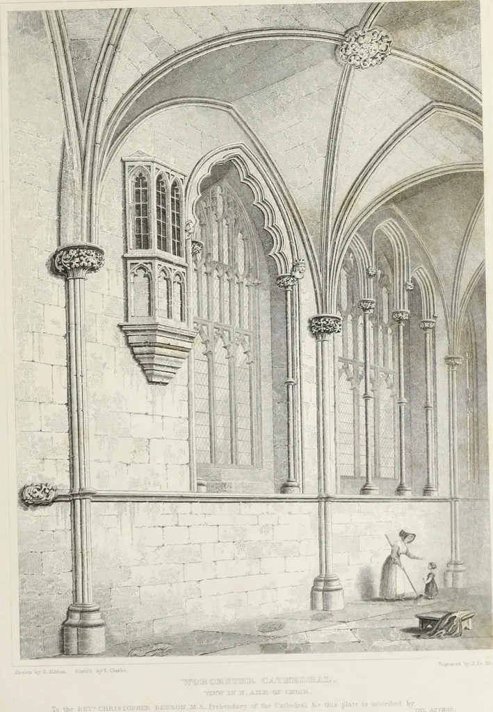 An illustration from The history and antiquities of the cathedral church of Worcester: illustrated by a series of engravings of views, elevations, plans, and details of that edifice: including an architectural description of the church; and biographical anecdotes of the bishops and of other eminent persons connected with the cathedral, 1836, leaf 108