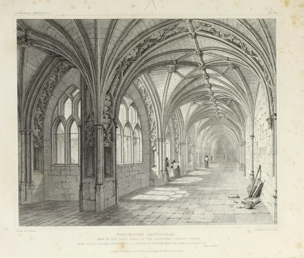 An illustration from The history and antiquities of the cathedral church of Worcester: illustrated by a series of engravings of views, elevations, plans, and details of that edifice: including an architectural description of the church; and biographical anecdotes of the bishops and of other eminent persons connected with the cathedral, 1836, leaf 110