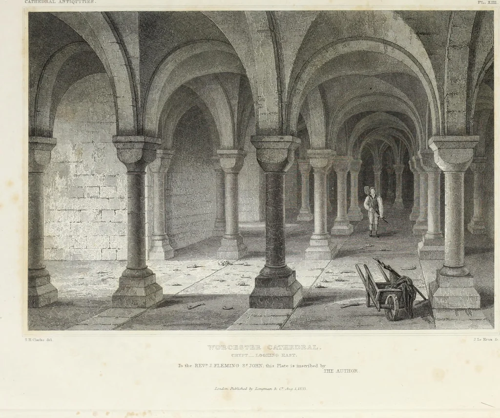 An illustration from The history and antiquities of the cathedral church of Worcester: illustrated by a series of engravings of views, elevations, plans, and details of that edifice: including an architectural description of the church; and biographical anecdotes of the bishops and of other eminent persons connected with the cathedral, 1836, leaf 112