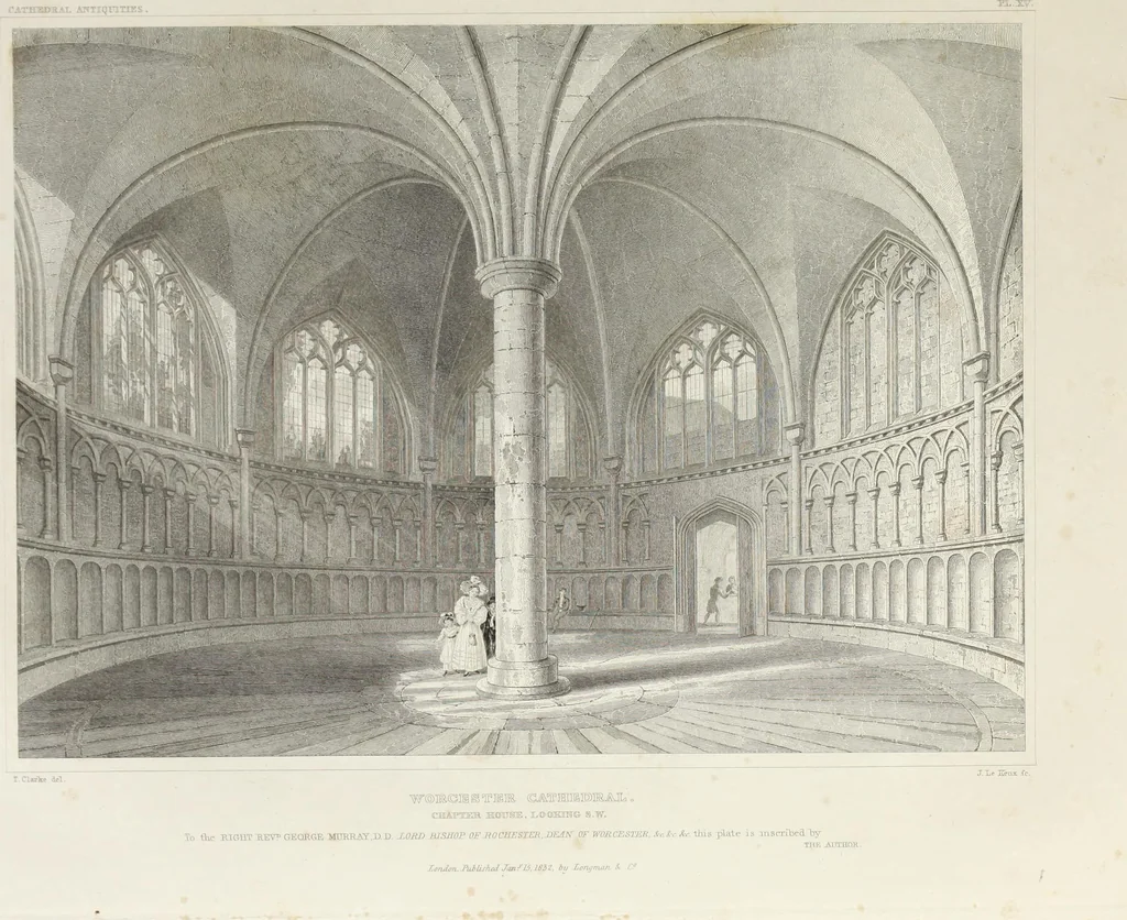 An illustration from The history and antiquities of the cathedral church of Worcester: illustrated by a series of engravings of views, elevations, plans, and details of that edifice: including an architectural description of the church; and biographical anecdotes of the bishops and of other eminent persons connected with the cathedral, 1836, leaf 114