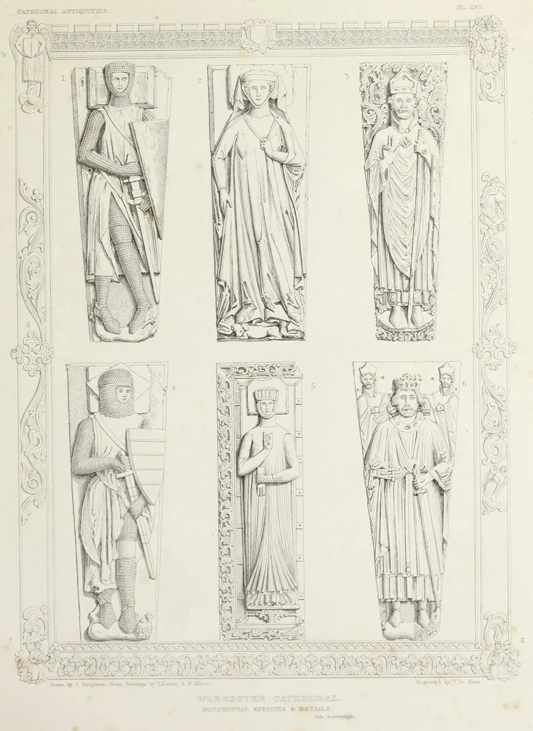 An illustration from The history and antiquities of the cathedral church of Worcester: illustrated by a series of engravings of views, elevations, plans, and details of that edifice: including an architectural description of the church; and biographical anecdotes of the bishops and of other eminent persons connected with the cathedral, 1836, leaf 116