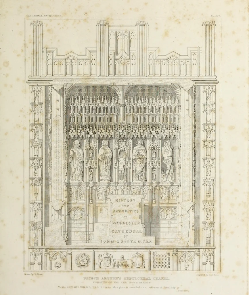 An illustration from The history and antiquities of the cathedral church of Worcester: illustrated by a series of engravings of views, elevations, plans, and details of that edifice: including an architectural description of the church; and biographical anecdotes of the bishops and of other eminent persons connected with the cathedral, 1836, leaf 4