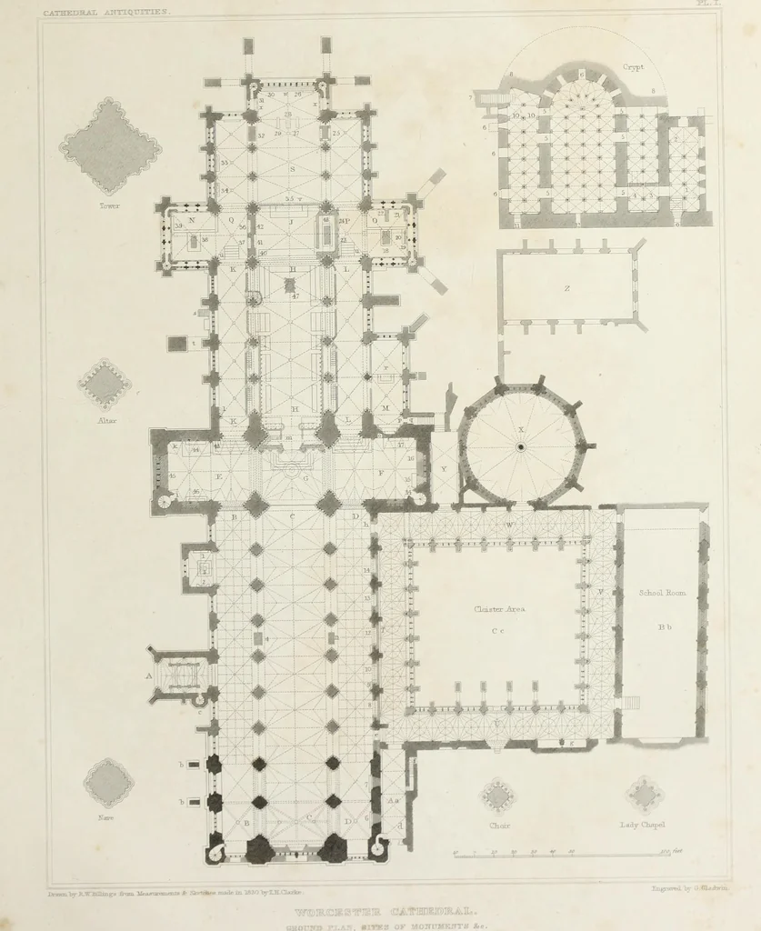 An illustration from The history and antiquities of the cathedral church of Worcester: illustrated by a series of engravings of views, elevations, plans, and details of that edifice: including an architectural description of the church; and biographical anecdotes of the bishops and of other eminent persons connected with the cathedral, 1836, leaf 88