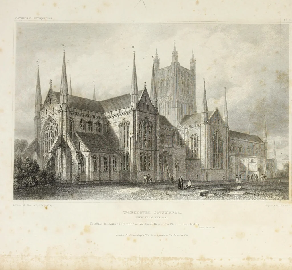 An illustration from The history and antiquities of the cathedral church of Worcester: illustrated by a series of engravings of views, elevations, plans, and details of that edifice: including an architectural description of the church; and biographical anecdotes of the bishops and of other eminent persons connected with the cathedral, 1836, leaf 90