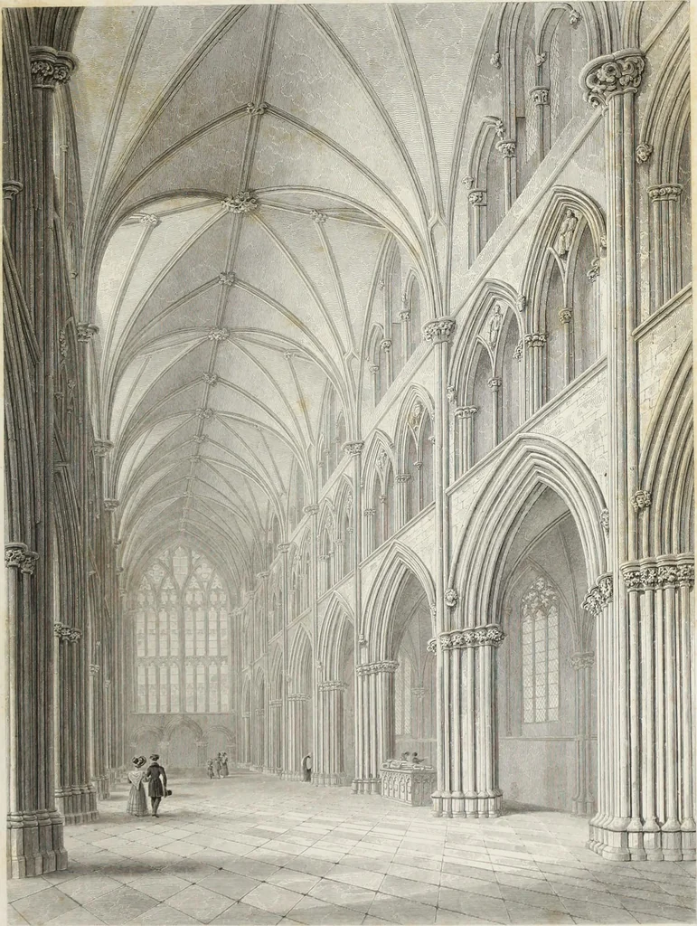 An illustration from The history and antiquities of the cathedral church of Worcester: illustrated by a series of engravings of views, elevations, plans, and details of that edifice: including an architectural description of the church; and biographical anecdotes of the bishops and of other eminent persons connected with the cathedral, 1836, leaf 92