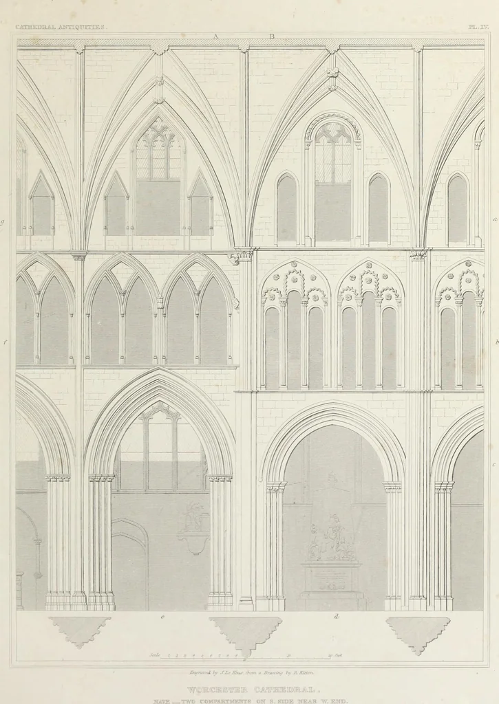 An illustration from The history and antiquities of the cathedral church of Worcester: illustrated by a series of engravings of views, elevations, plans, and details of that edifice: including an architectural description of the church; and biographical anecdotes of the bishops and of other eminent persons connected with the cathedral, 1836, leaf 94