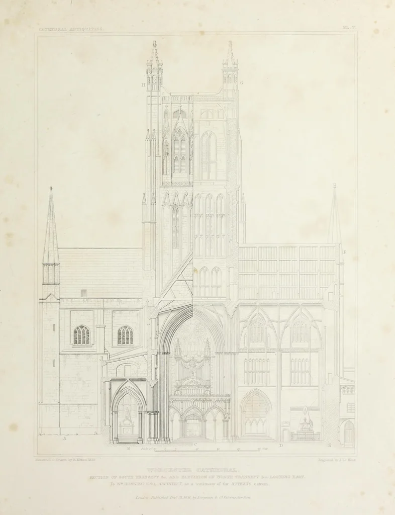 An illustration from The history and antiquities of the cathedral church of Worcester: illustrated by a series of engravings of views, elevations, plans, and details of that edifice: including an architectural description of the church; and biographical anecdotes of the bishops and of other eminent persons connected with the cathedral, 1836, leaf 96