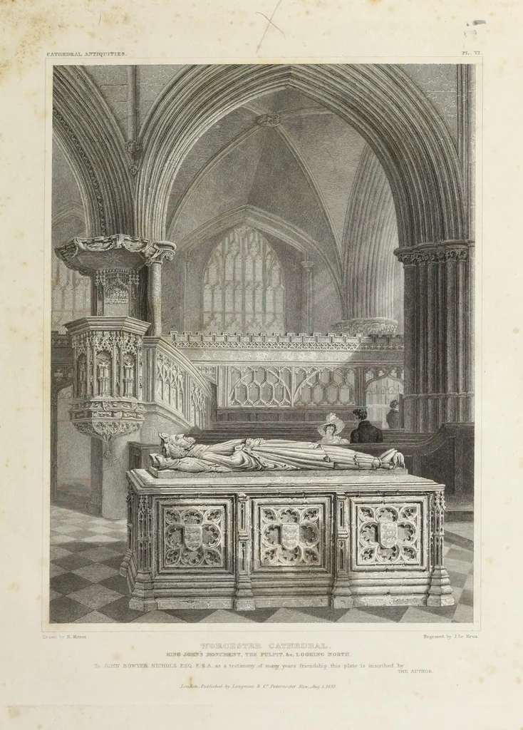 An illustration from The history and antiquities of the cathedral church of Worcester: illustrated by a series of engravings of views, elevations, plans, and details of that edifice: including an architectural description of the church; and biographical anecdotes of the bishops and of other eminent persons connected with the cathedral, 1836, leaf 98