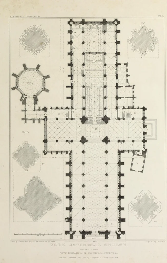 An illustration from The history and antiquities of the metropolitical church of York : illustrated by a series of engravings of views, elevations, plans and details of the architecture of that edifice : with biographical anecdotes of the archbishops, 1836, leaf 102