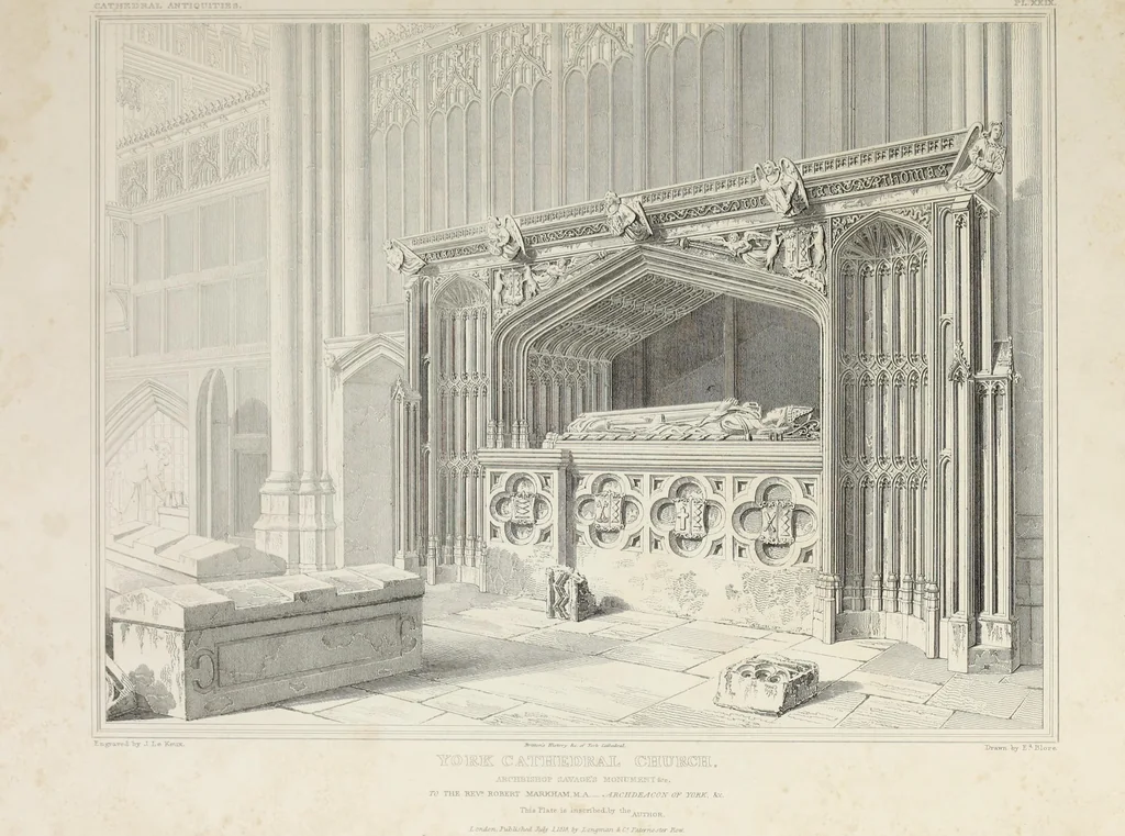 An illustration from The history and antiquities of the metropolitical church of York : illustrated by a series of engravings of views, elevations, plans and details of the architecture of that edifice : with biographical anecdotes of the archbishops, 1836, leaf 156