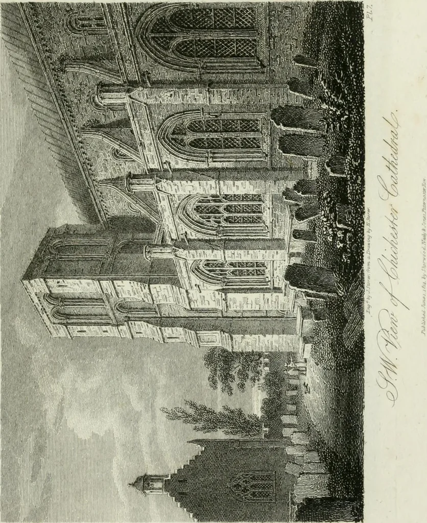 An illustration from History and antiquities of the cathedral churches of Great Britain : illustrated with a series of highly-finished engravings, exhibiting general and particular views, ground plans, and all the architectural features and ornaments in the various styles of building used in our ecclesiastical edifices, 1814, leaf 106