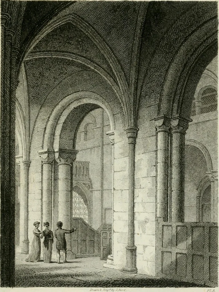 An illustration from History and antiquities of the cathedral churches of Great Britain : illustrated with a series of highly-finished engravings, exhibiting general and particular views, ground plans, and all the architectural features and ornaments in the various styles of building used in our ecclesiastical edifices, 1814, leaf 108