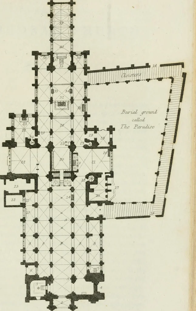 An illustration from History and antiquities of the cathedral churches of Great Britain : illustrated with a series of highly-finished engravings, exhibiting general and particular views, ground plans, and all the architectural features and ornaments in the various styles of building used in our ecclesiastical edifices, 1814, leaf 110