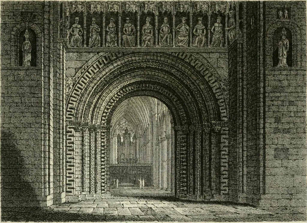 An illustration from History and antiquities of the cathedral churches of Great Britain : illustrated with a series of highly-finished engravings, exhibiting general and particular views, ground plans, and all the architectural features and ornaments in the various styles of building used in our ecclesiastical edifices, 1814, leaf 128